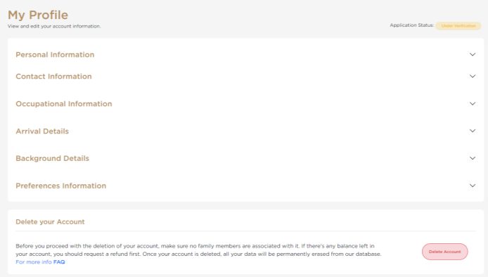 Profile sections and Delete Account