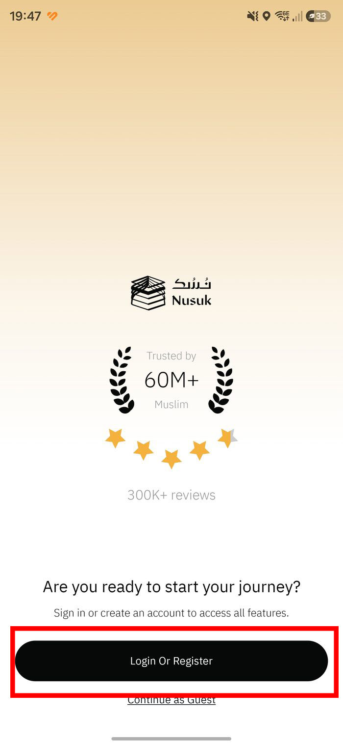 Nusuk welcome screen with Login Or Register