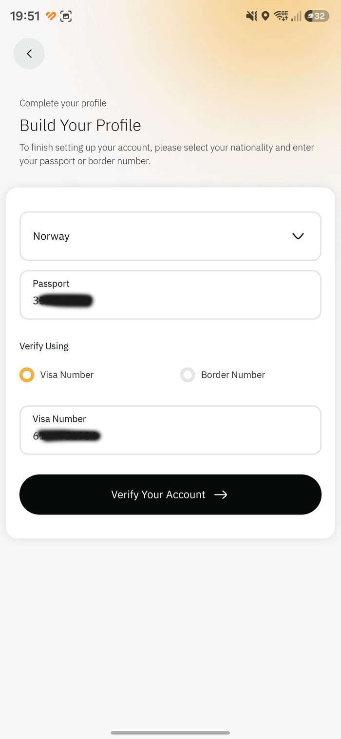 Profile filled with passport and visa number