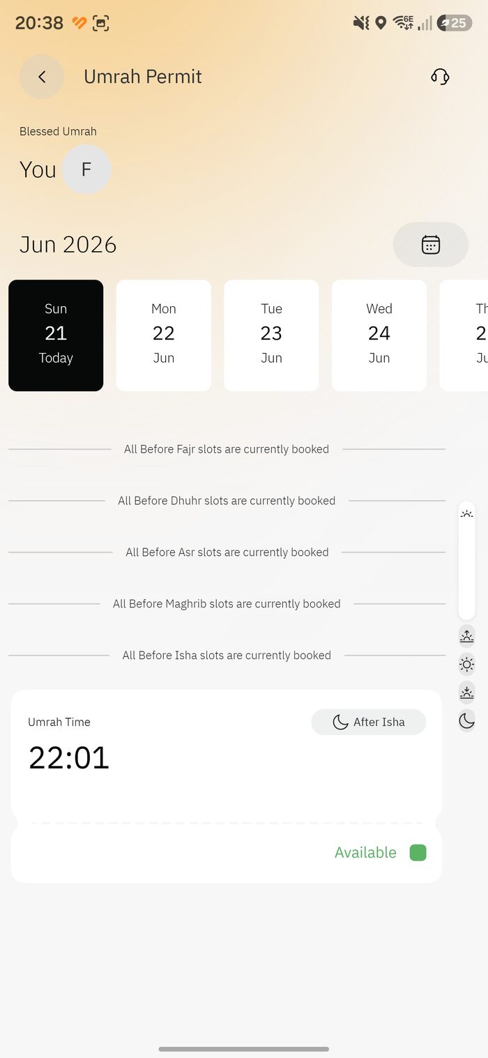Umrah permit calendar with available slot