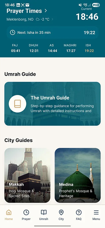 The Umrah Guide app — prayer times, the Umrah guide, and city guides for Makkah and Medina